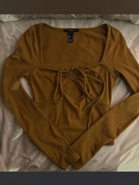 Forever 21 Mustard Long Sleeve Ribbed Tie-Front Top